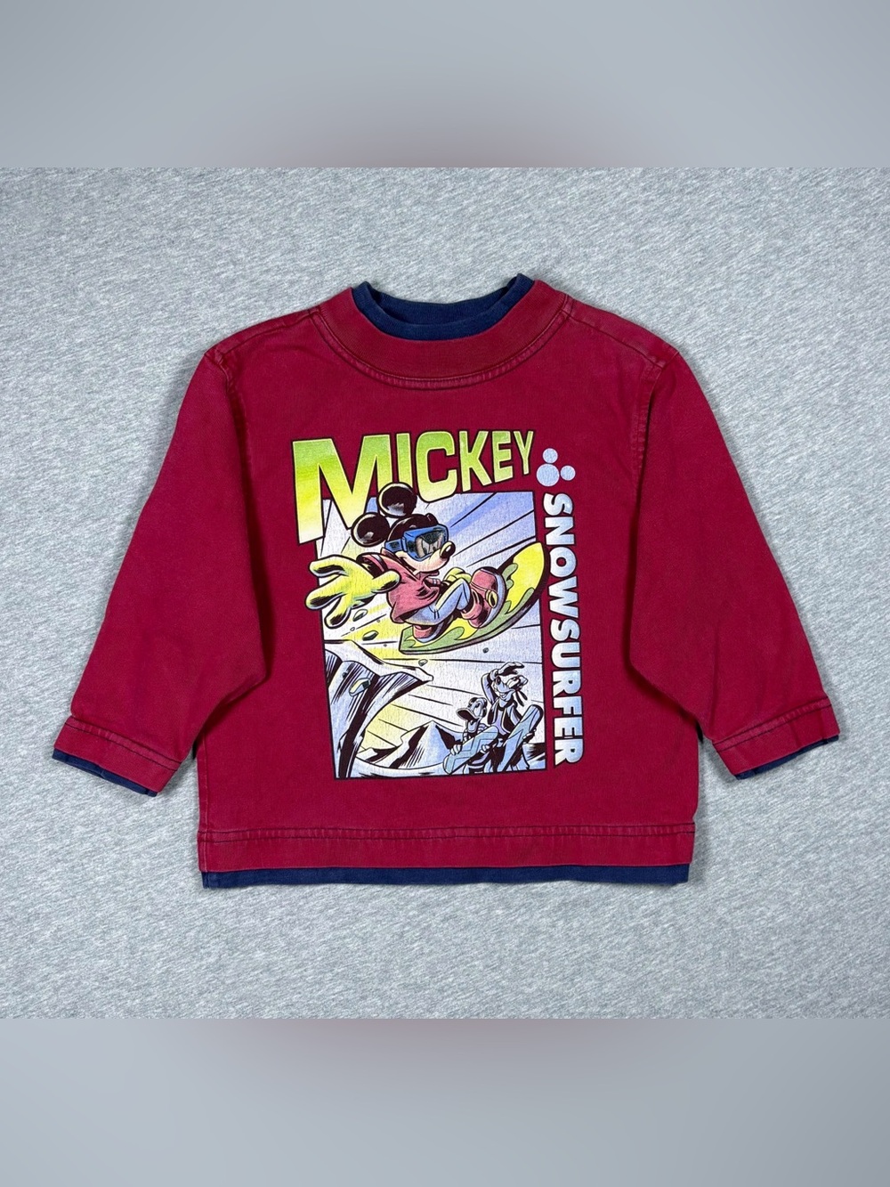 Vintage Disney Store Mickey Mouse Long Sleeve Shirt Snow Surfer Boys XXS Red USA